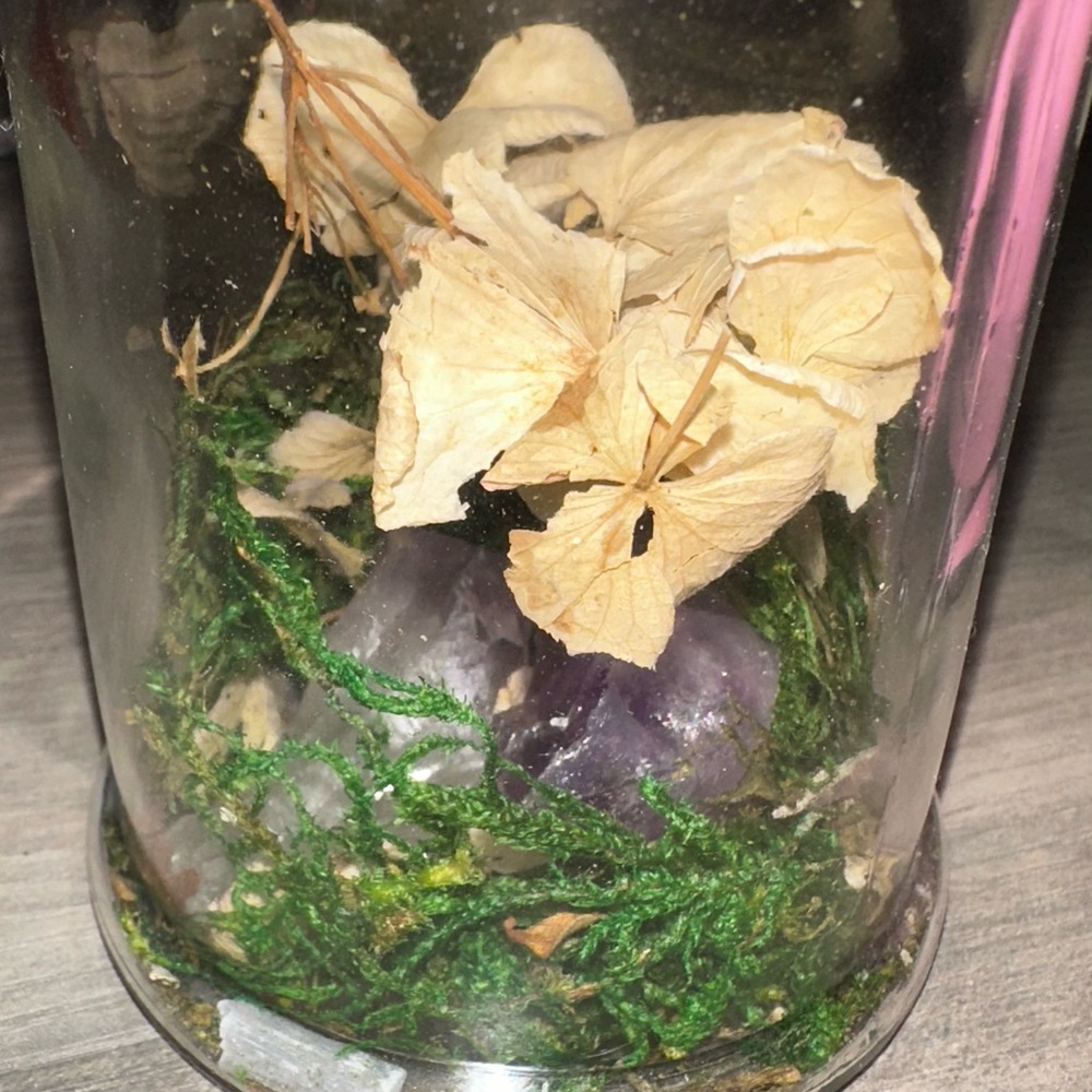 Glass Jar with Dried Wedding Flowers, Green Moss, Two Amethyst Crystal Rocks - Picture 9 of 10